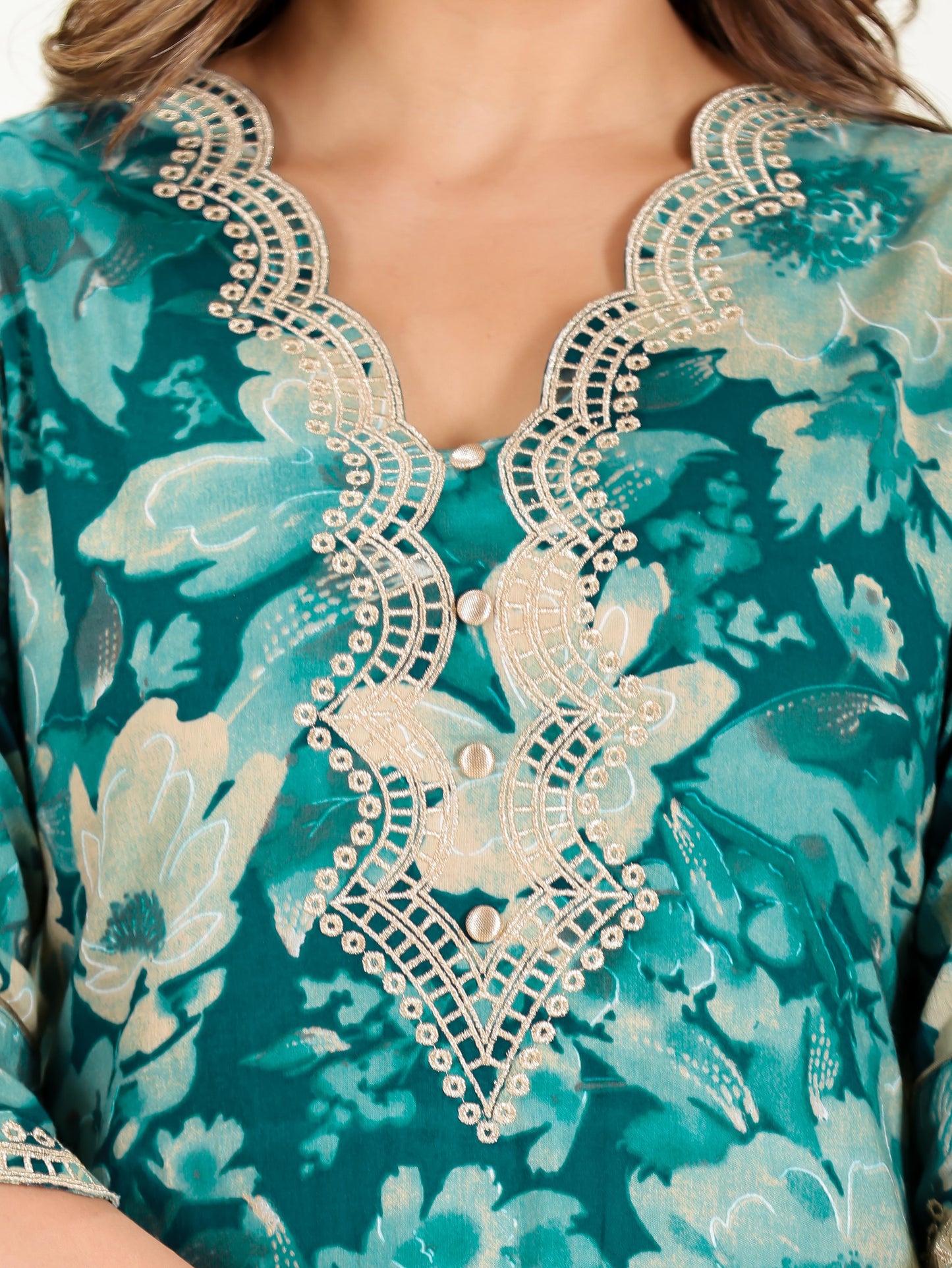 Embroidered Soft Cotton Floral Straight Teal Kurta