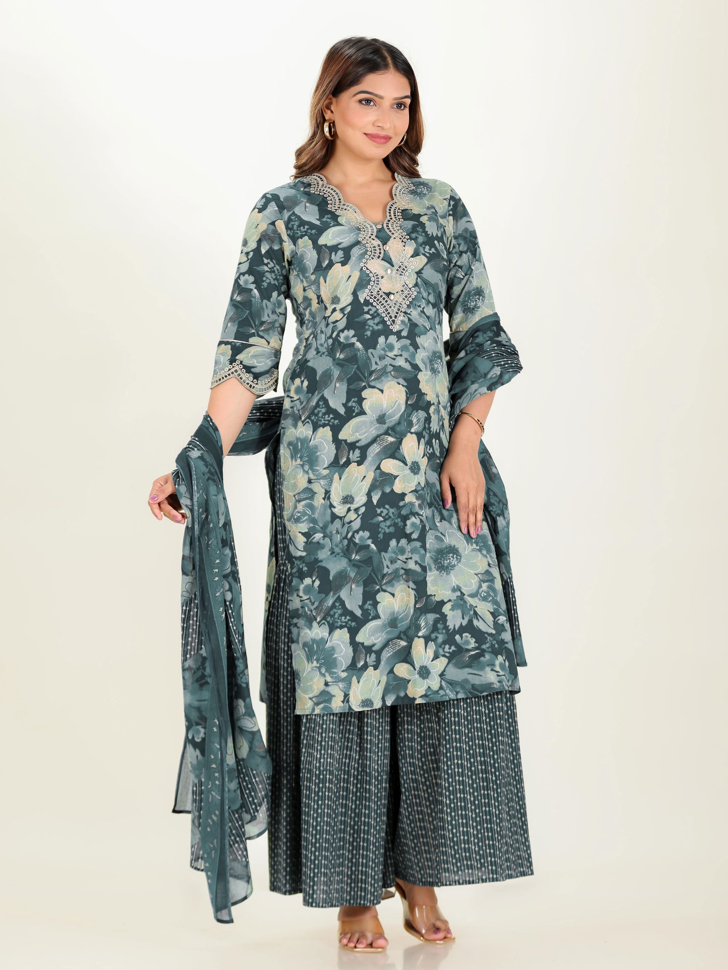 Embroidered Soft Cotton Floral Straight Teal Kurta