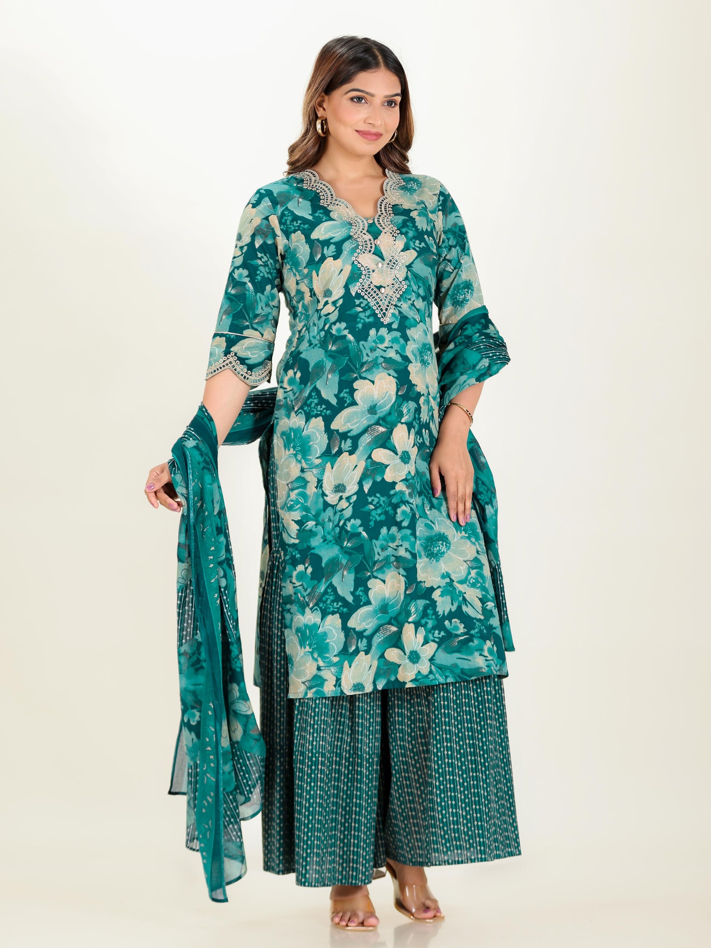 Embroidered Soft Cotton Floral Straight Teal Kurta