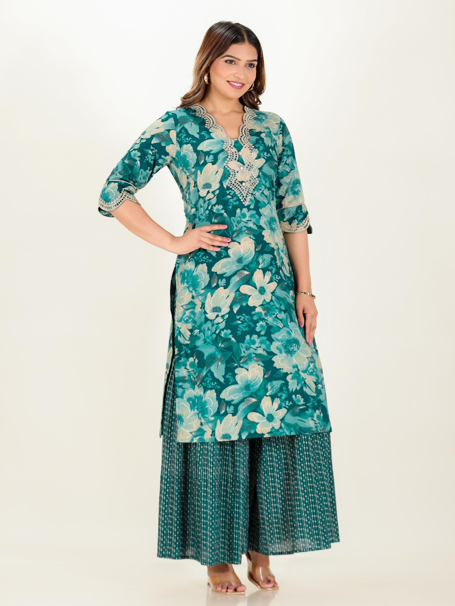 Embroidered Soft Cotton Floral Straight Teal Kurta