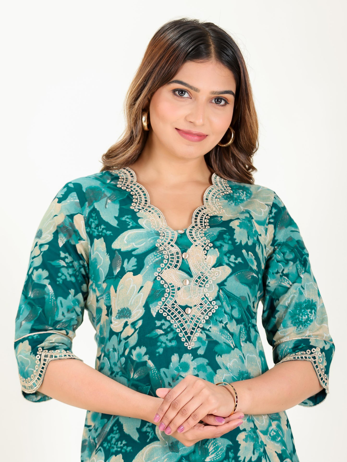 Embroidered Soft Cotton Floral Straight Teal Kurta