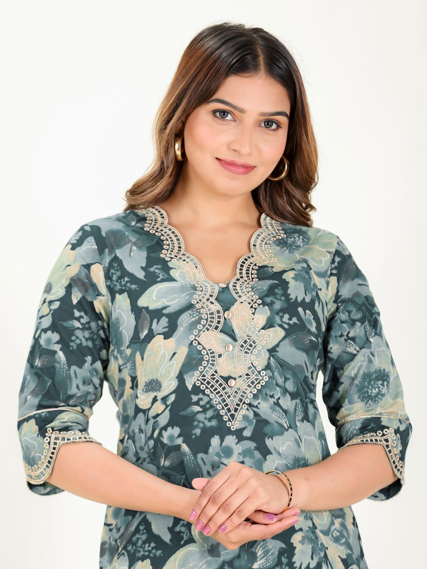 Embroidered Soft Cotton Floral Straight Teal Kurta