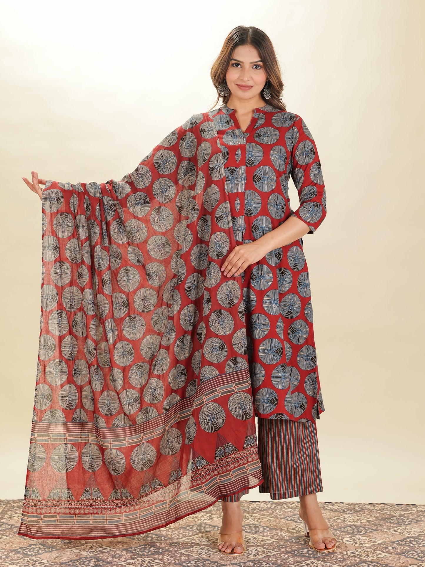 Voile Cotton Geometric Red Dupatta