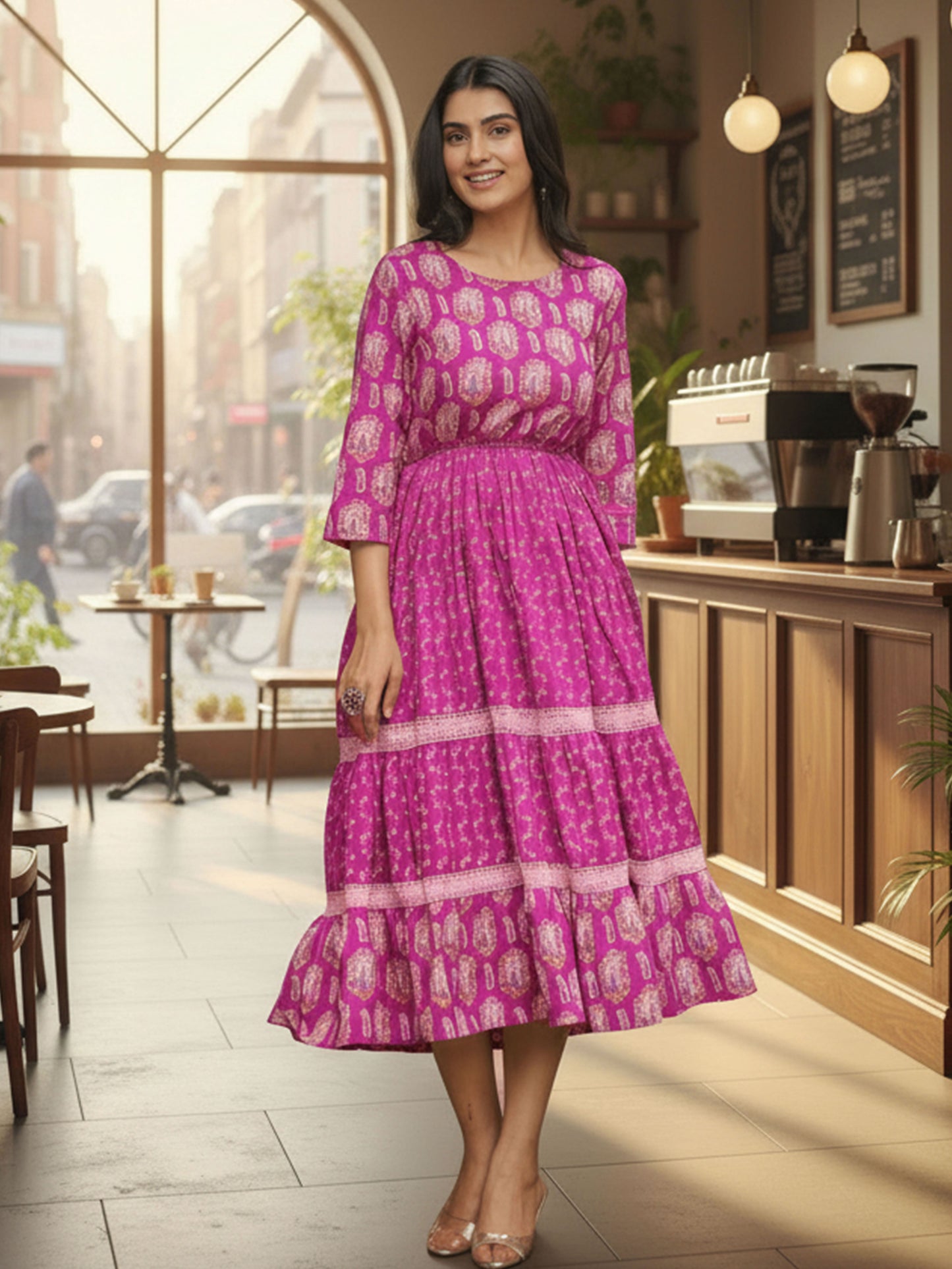 Soft Cotton Floral Anarkali Purple Dress