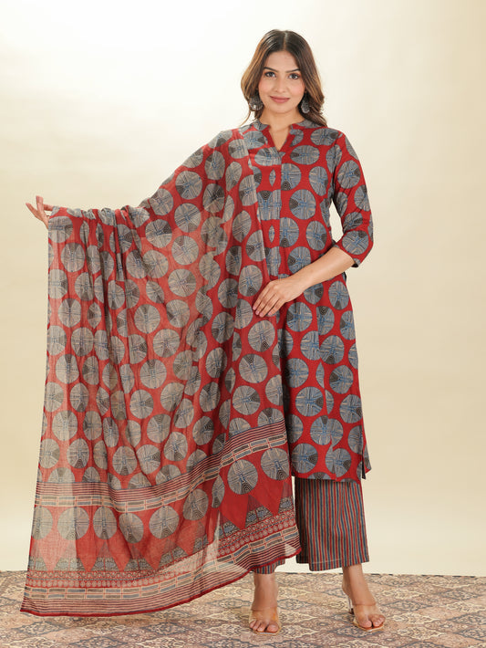 Soft Cotton Geometric A-line Red Kurta