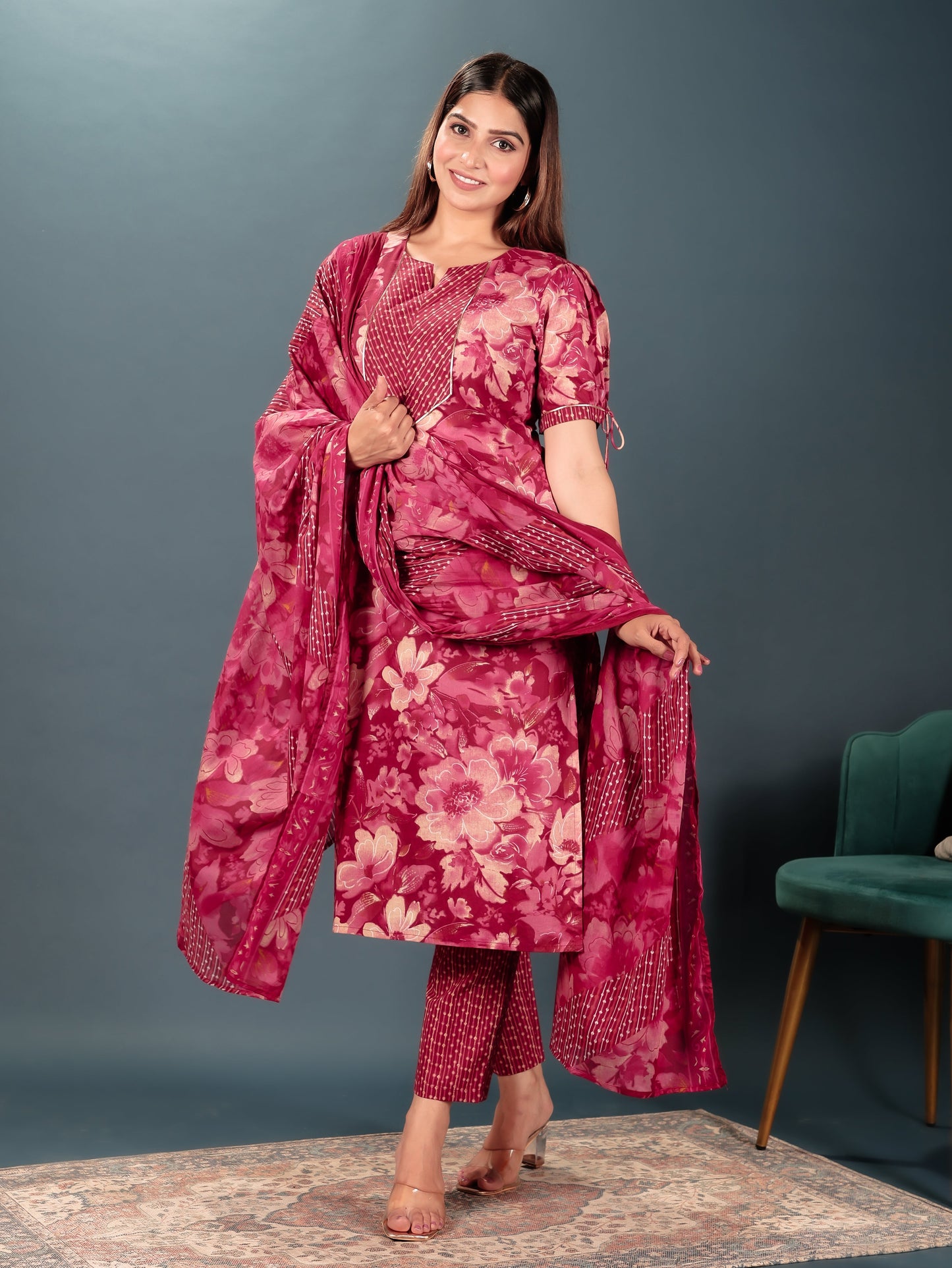 Soft Cotton Floral Straight Pink Kurta