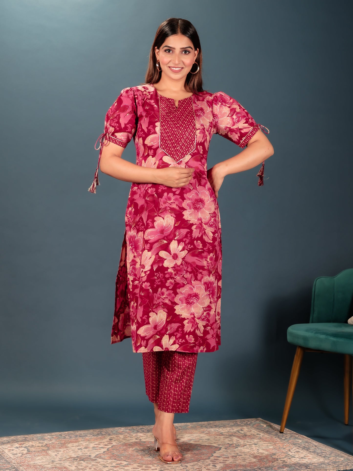 Soft Cotton Floral Straight Pink Kurta