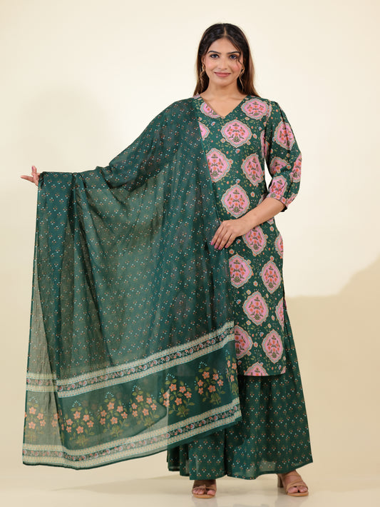 Soft Cotton Floral Straight Green Kurta