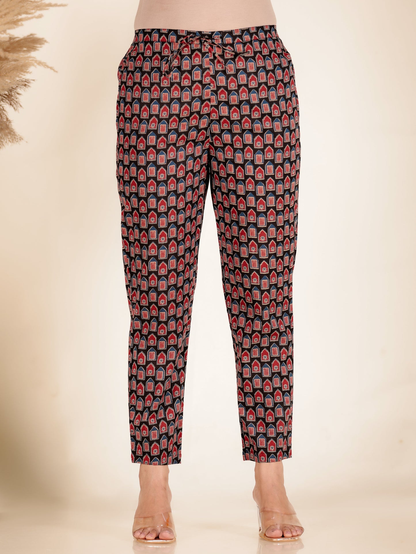 Soft Cotton Mughal Print Black Tapered Trousers
