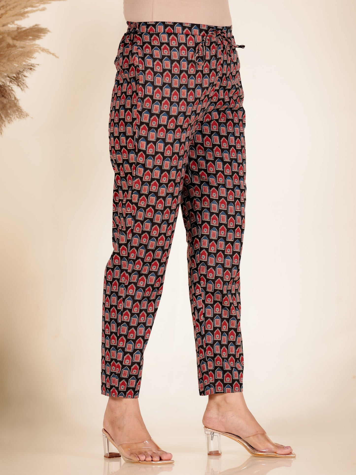 Soft Cotton Mughal Print Black Tapered Trousers