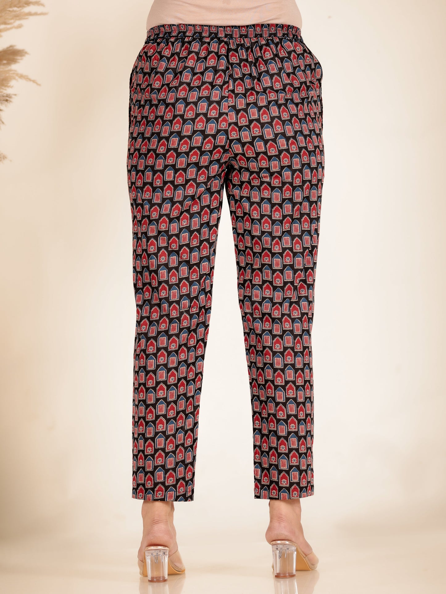 Soft Cotton Mughal Print Black Tapered Trousers
