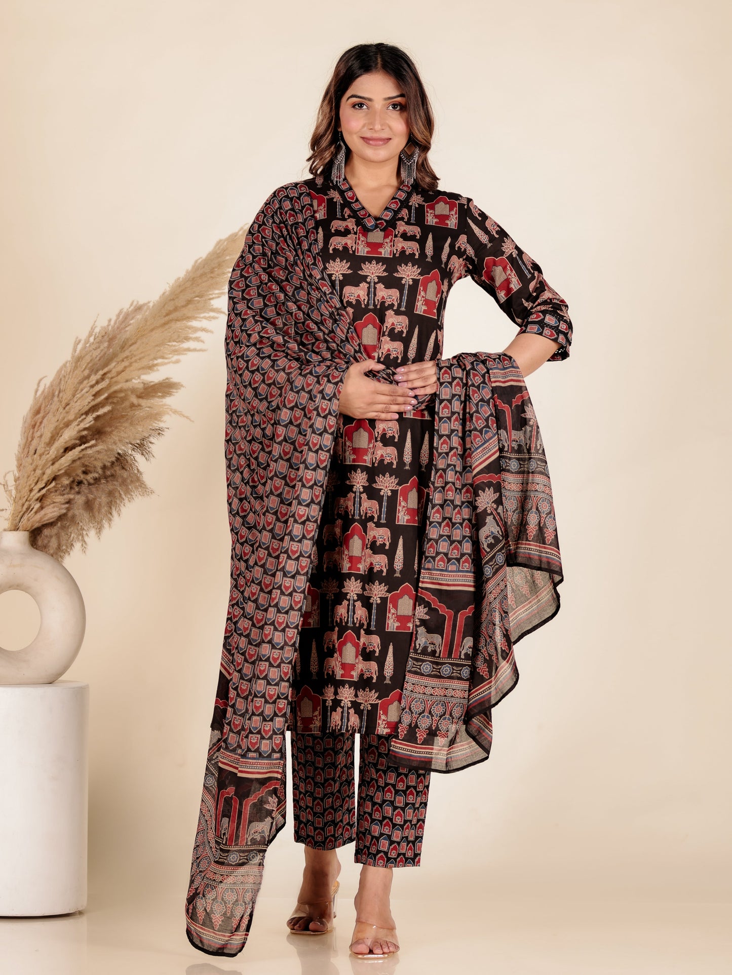 Cotton Voile Mughal Print Black Dupatta