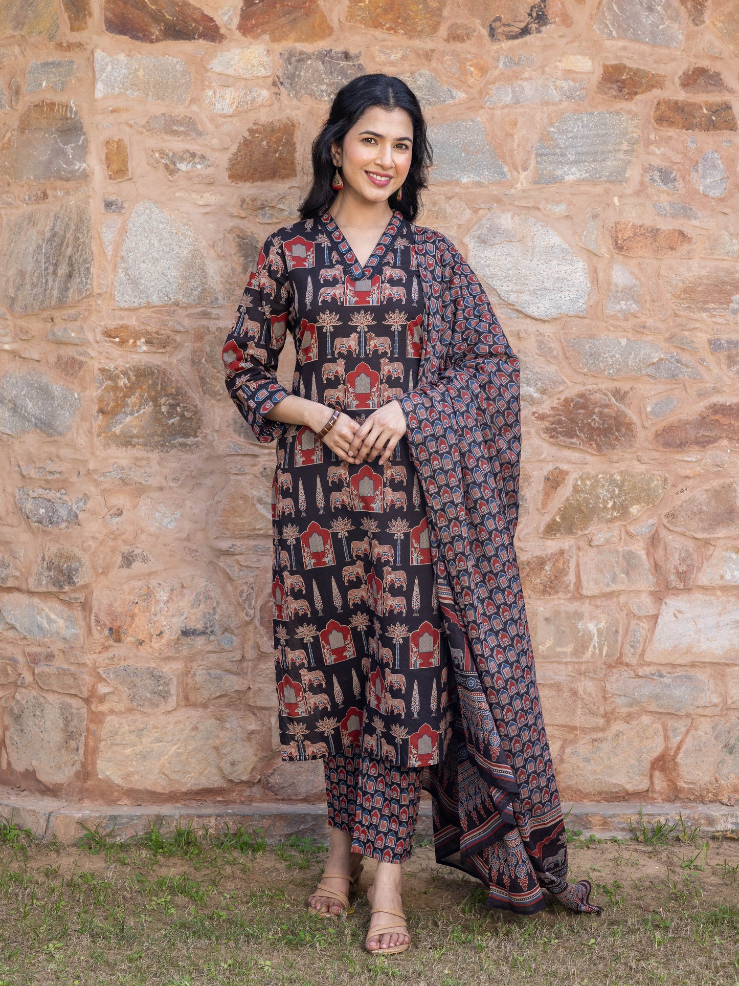 Soft Cotton Mughal Print Straight Black Kurta