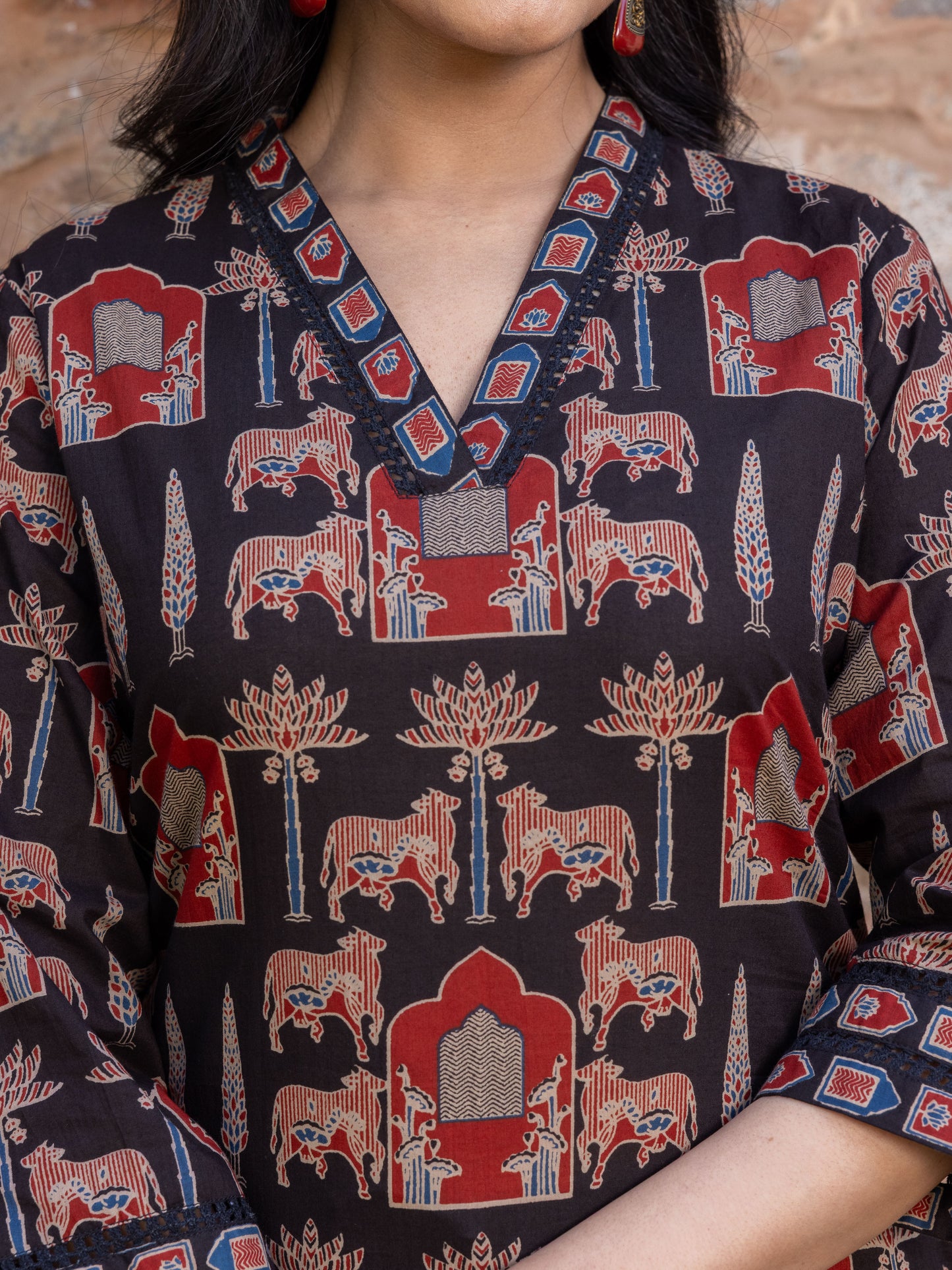 Soft Cotton Mughal Print Straight Black Kurta