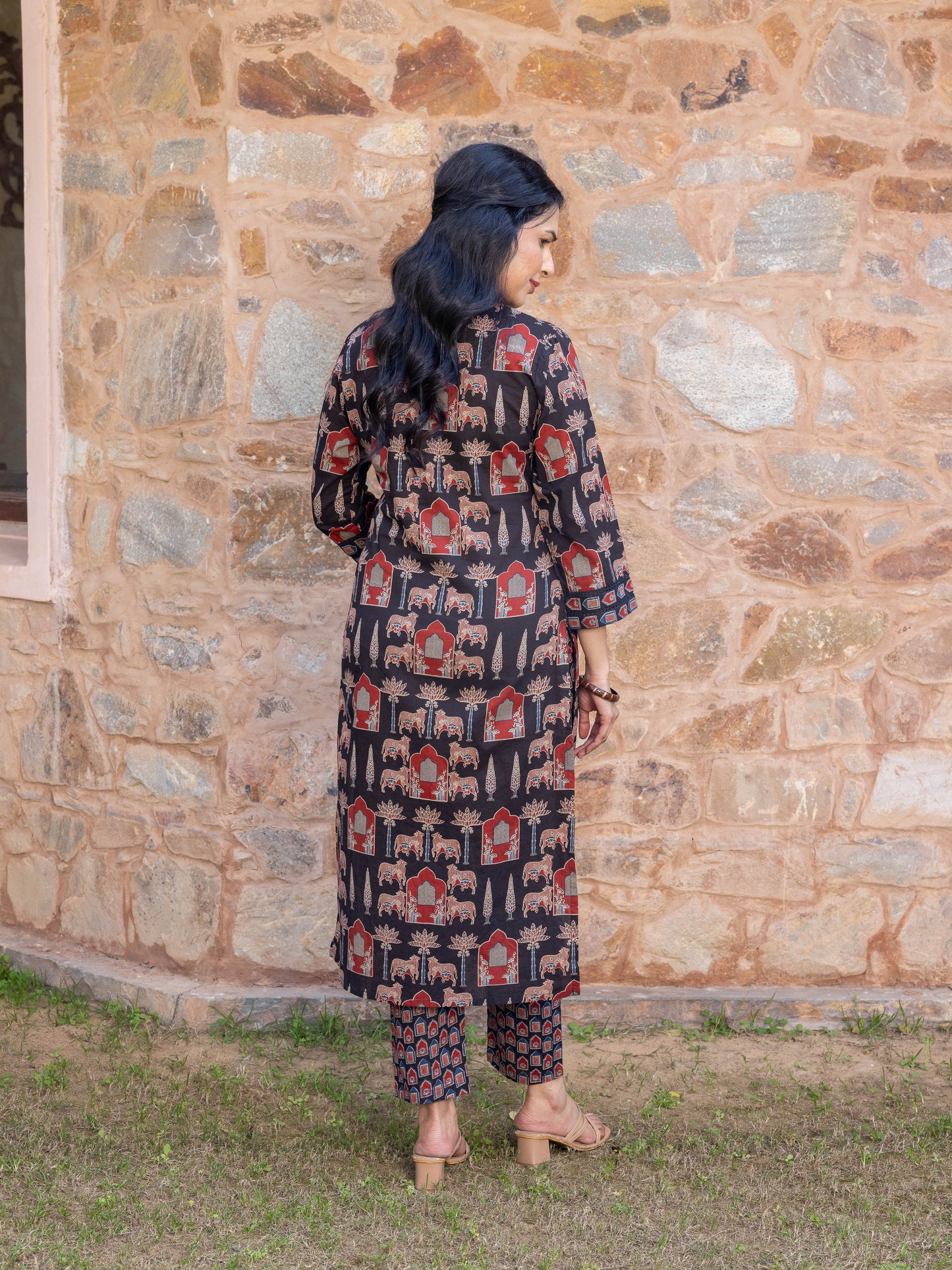Soft Cotton Mughal Print Straight Black Kurta