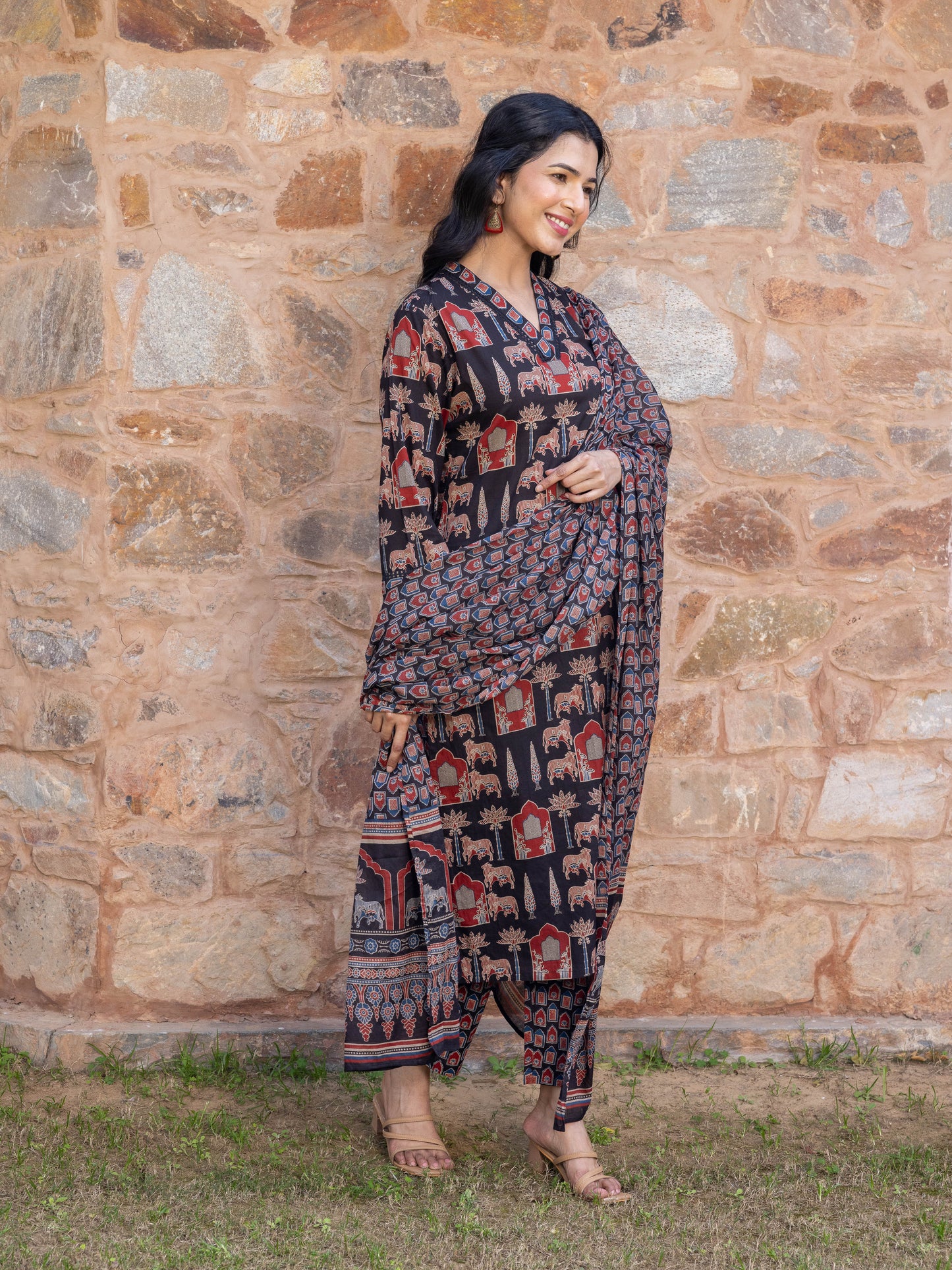 Soft Cotton Mughal Print Straight Black Kurta
