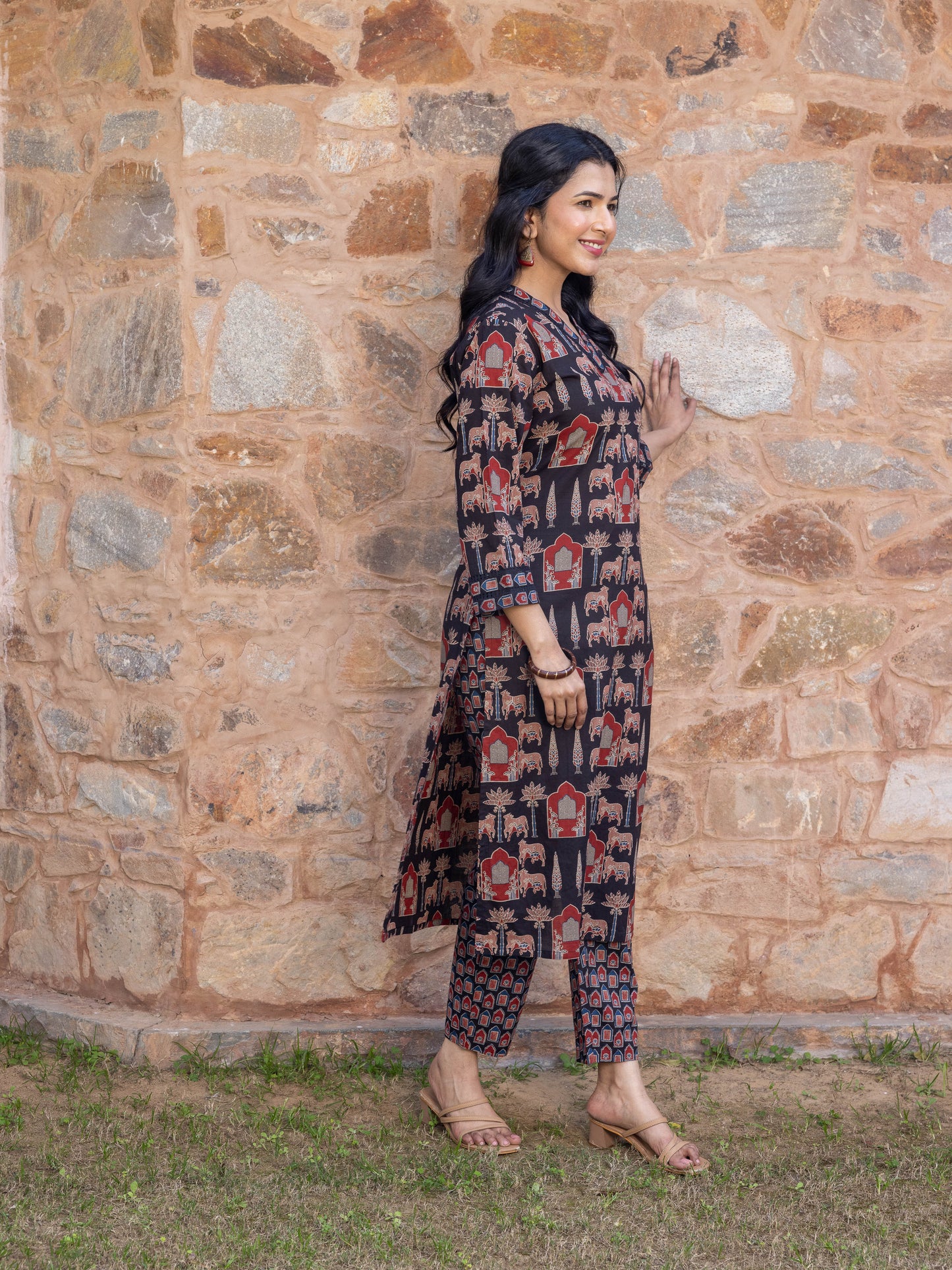 Soft Cotton Mughal Print Straight Black Kurta