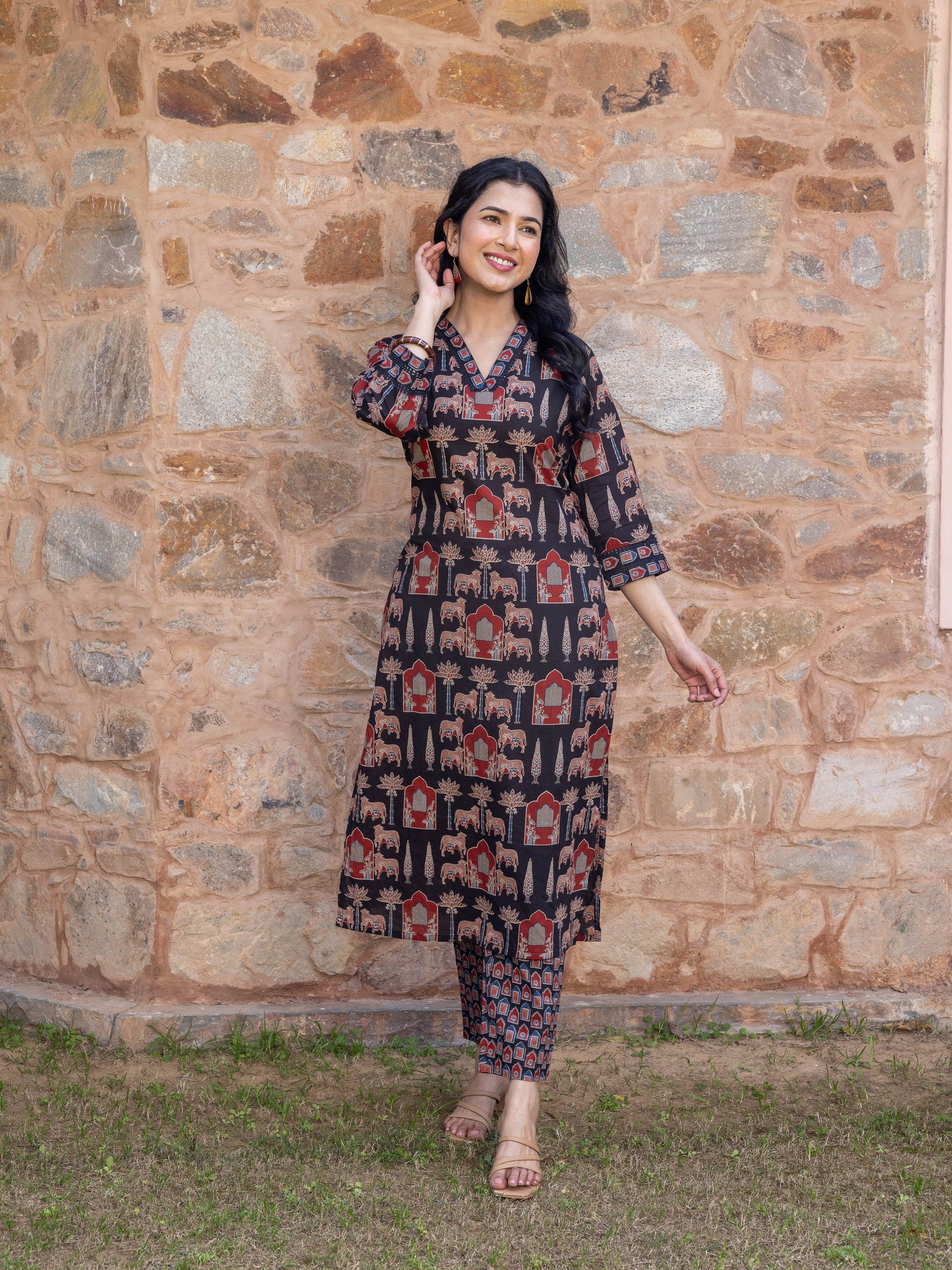 Soft Cotton Mughal Print Straight Black Kurta