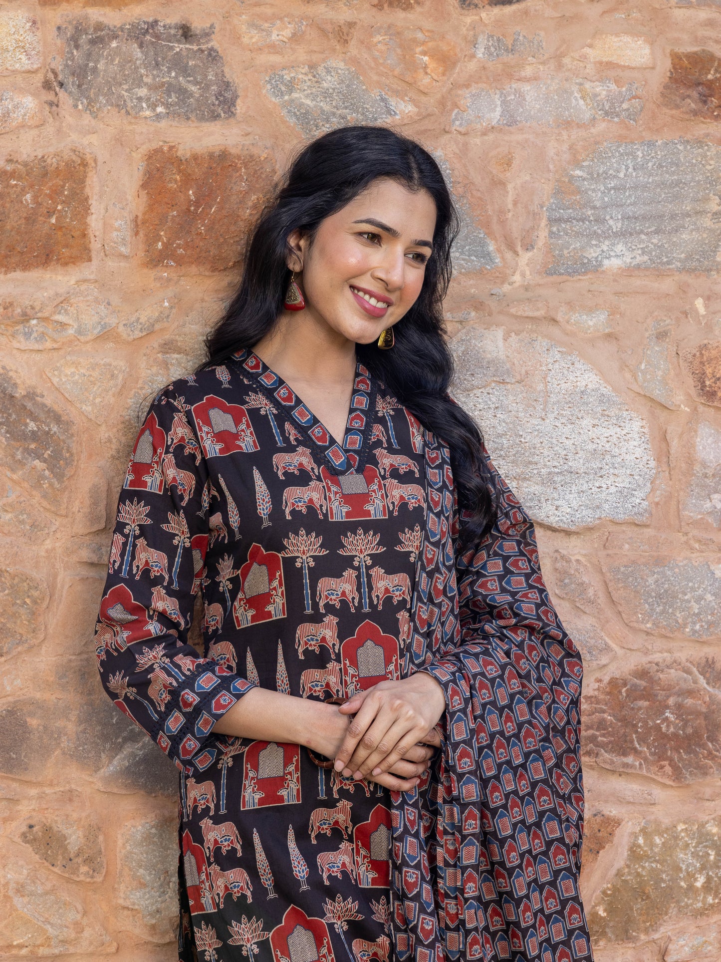 Soft Cotton Mughal Print Straight Black Kurta
