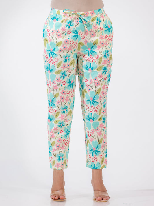 Linen Cotton Floral White Tapered Trousers