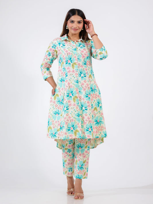 Linen Cotton Floral High Low White Kurta