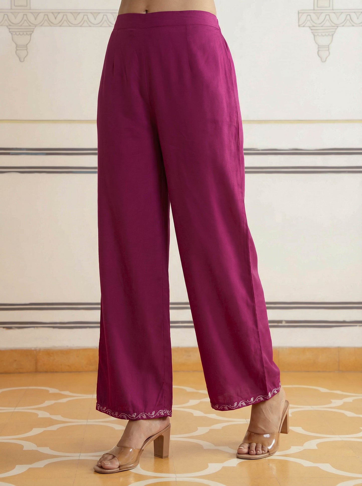 Embroidered Viscose Solid Flared Maroon Kurta