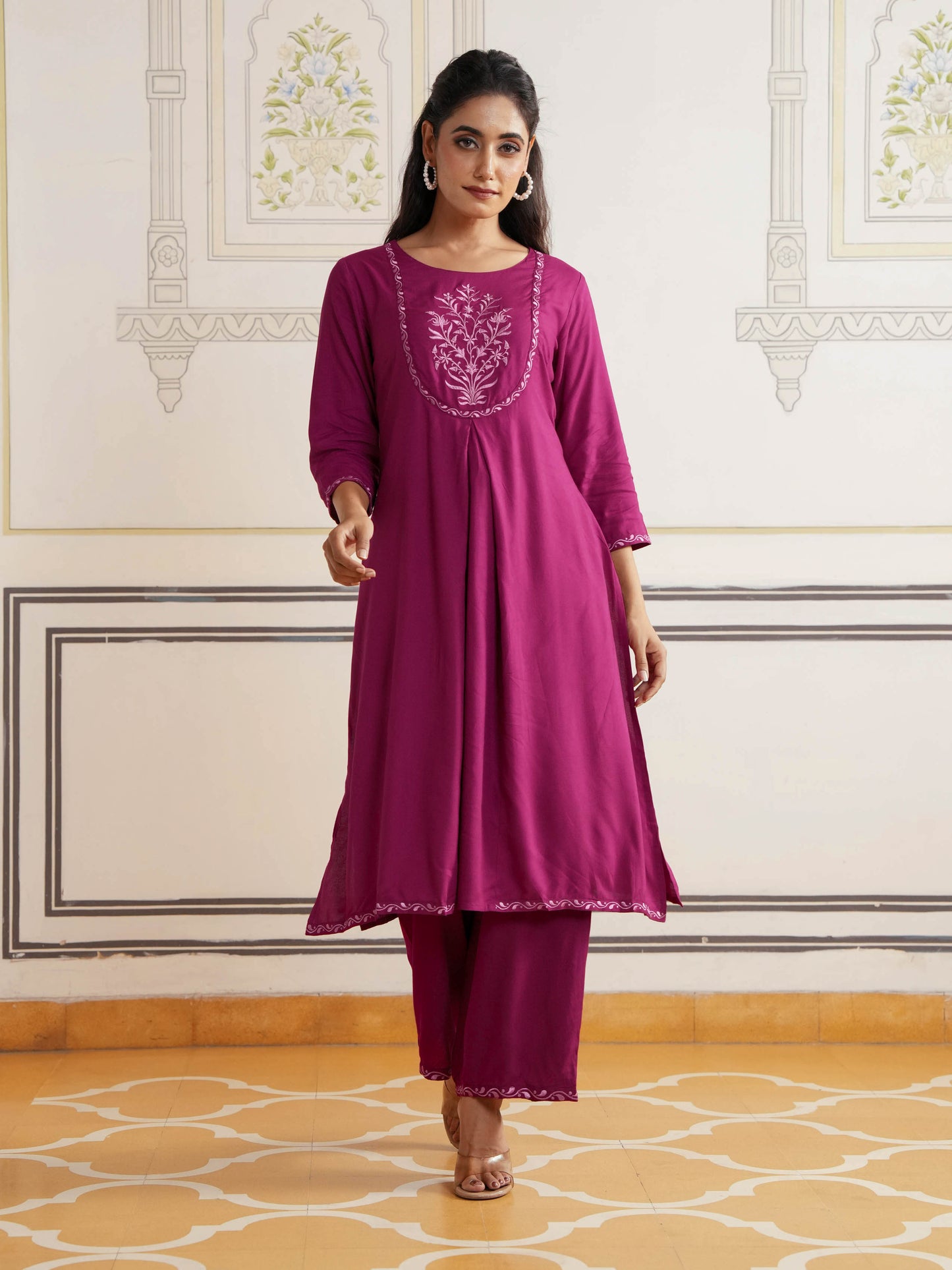 Embroidered Viscose Solid Flared Maroon Kurta