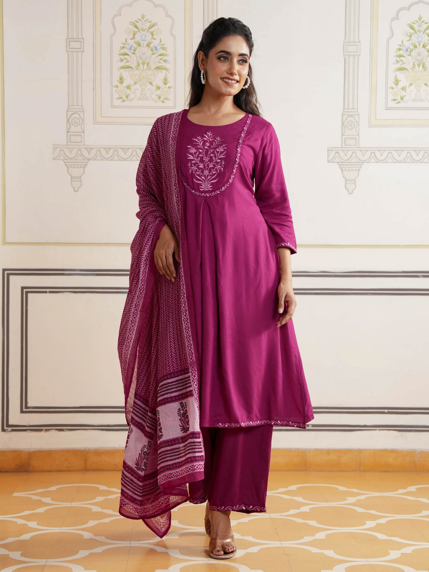 Embroidered Viscose Solid Flared Maroon Kurta