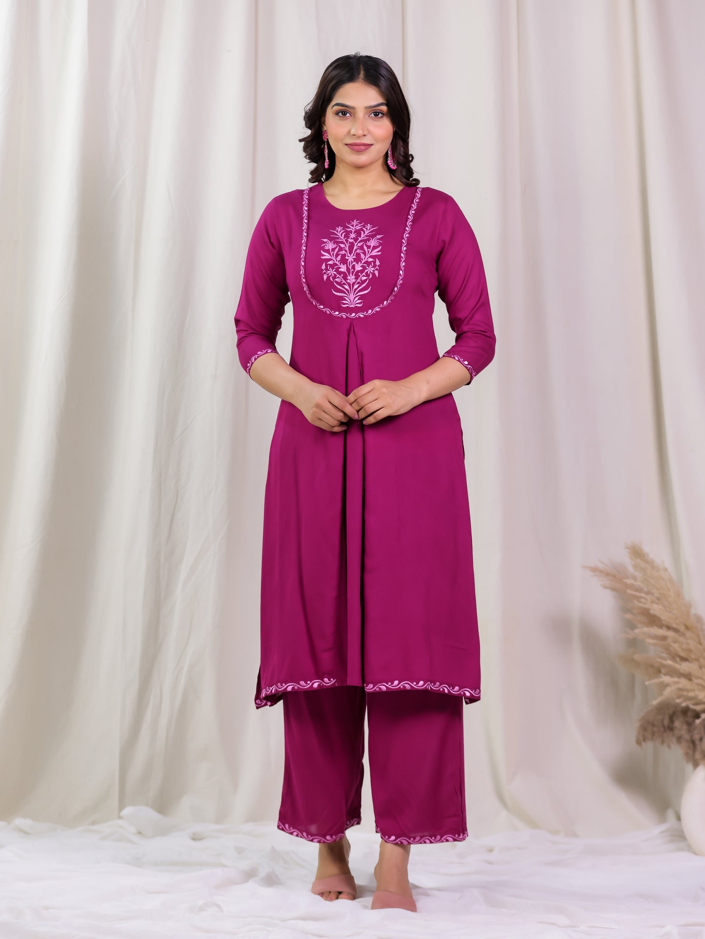Embroidered Viscose Solid A-line Maroon Kurta