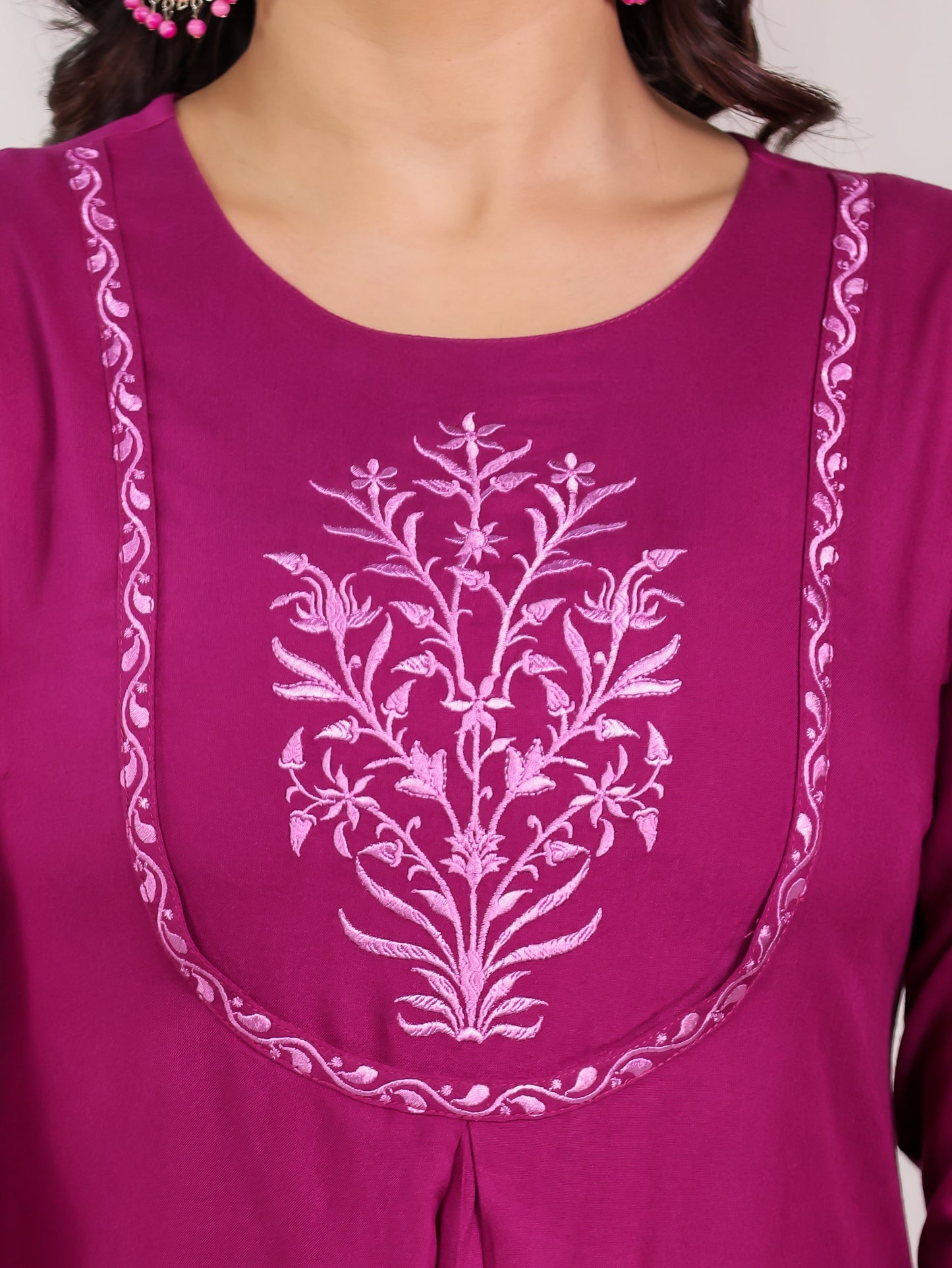 Embroidered Viscose Solid A-line Maroon Kurta