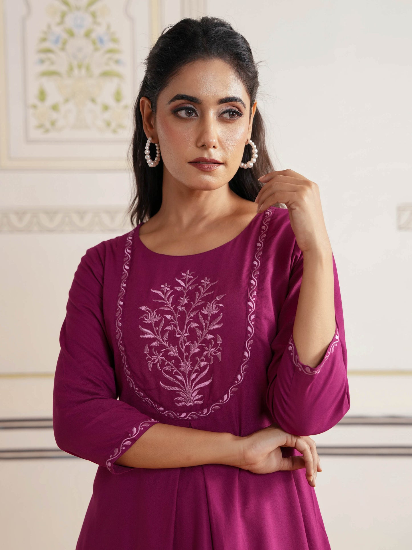 Embroidered Viscose Solid Flared Maroon Kurta