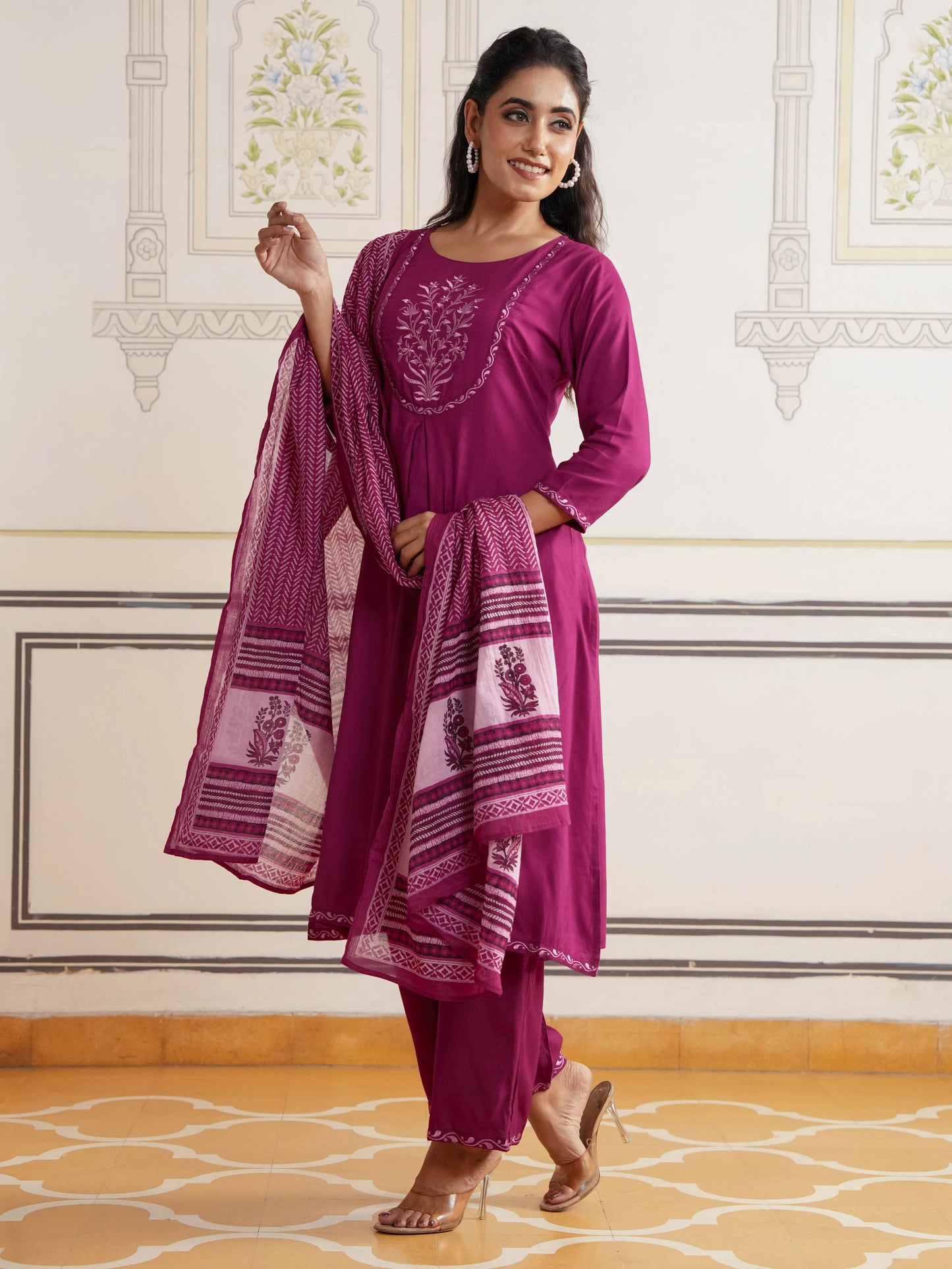 Embroidered Viscose Solid Flared Maroon Kurta