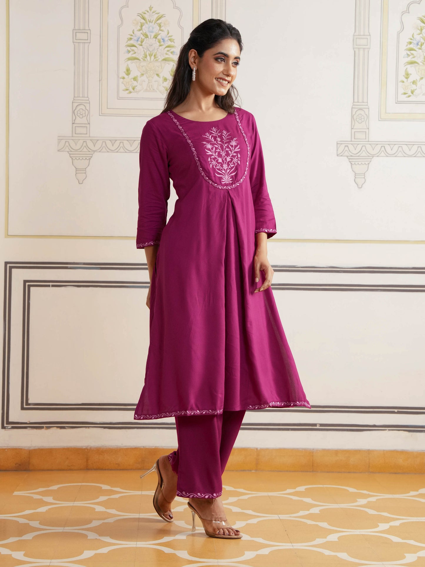 Embroidered Viscose Solid Flared Maroon Kurta
