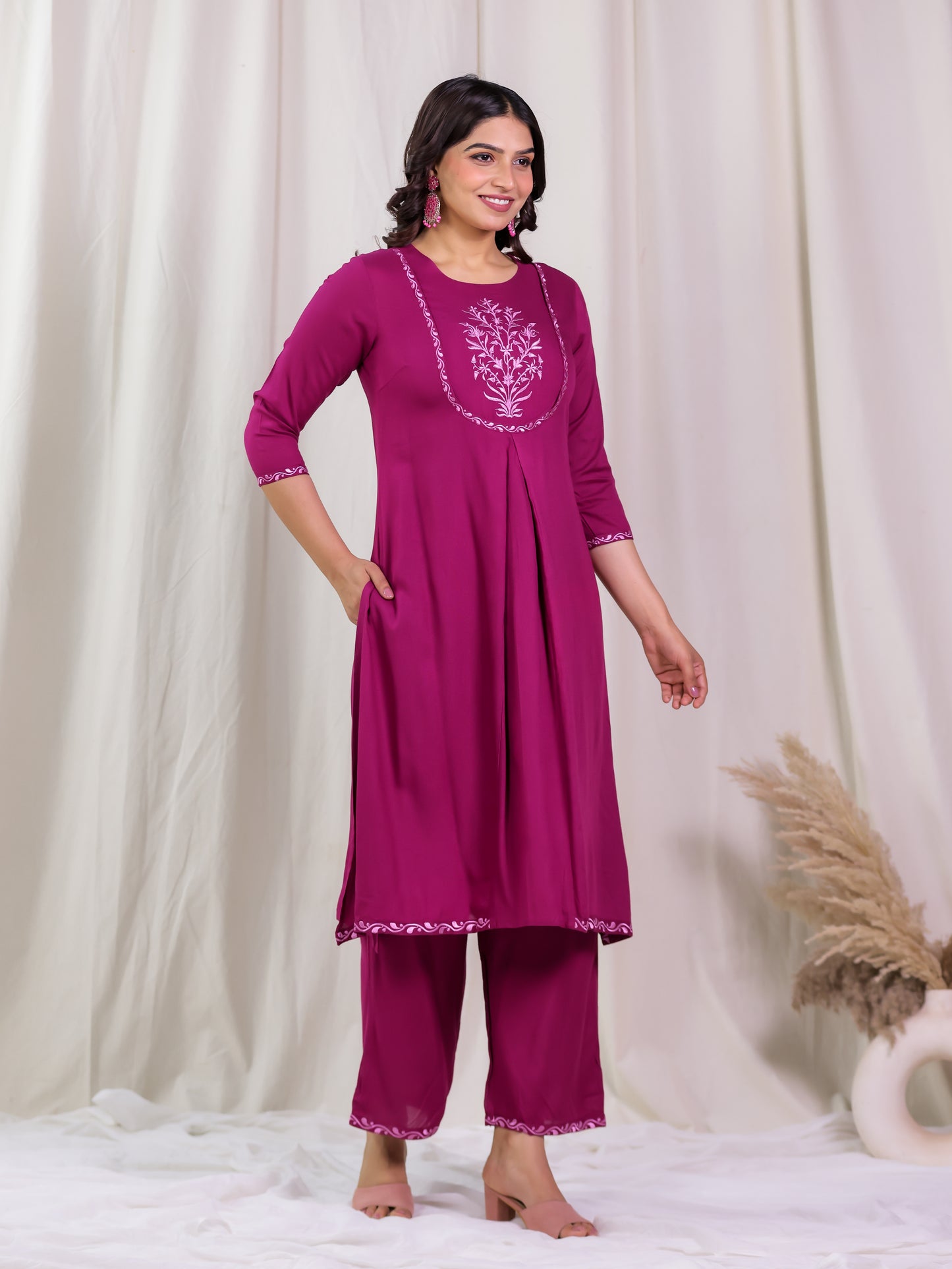 Embroidered Viscose Solid A-line Maroon Kurta