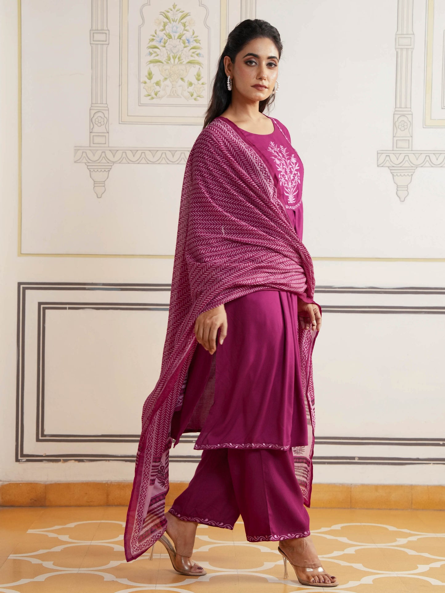 Embroidered Viscose Solid Flared Maroon Kurta