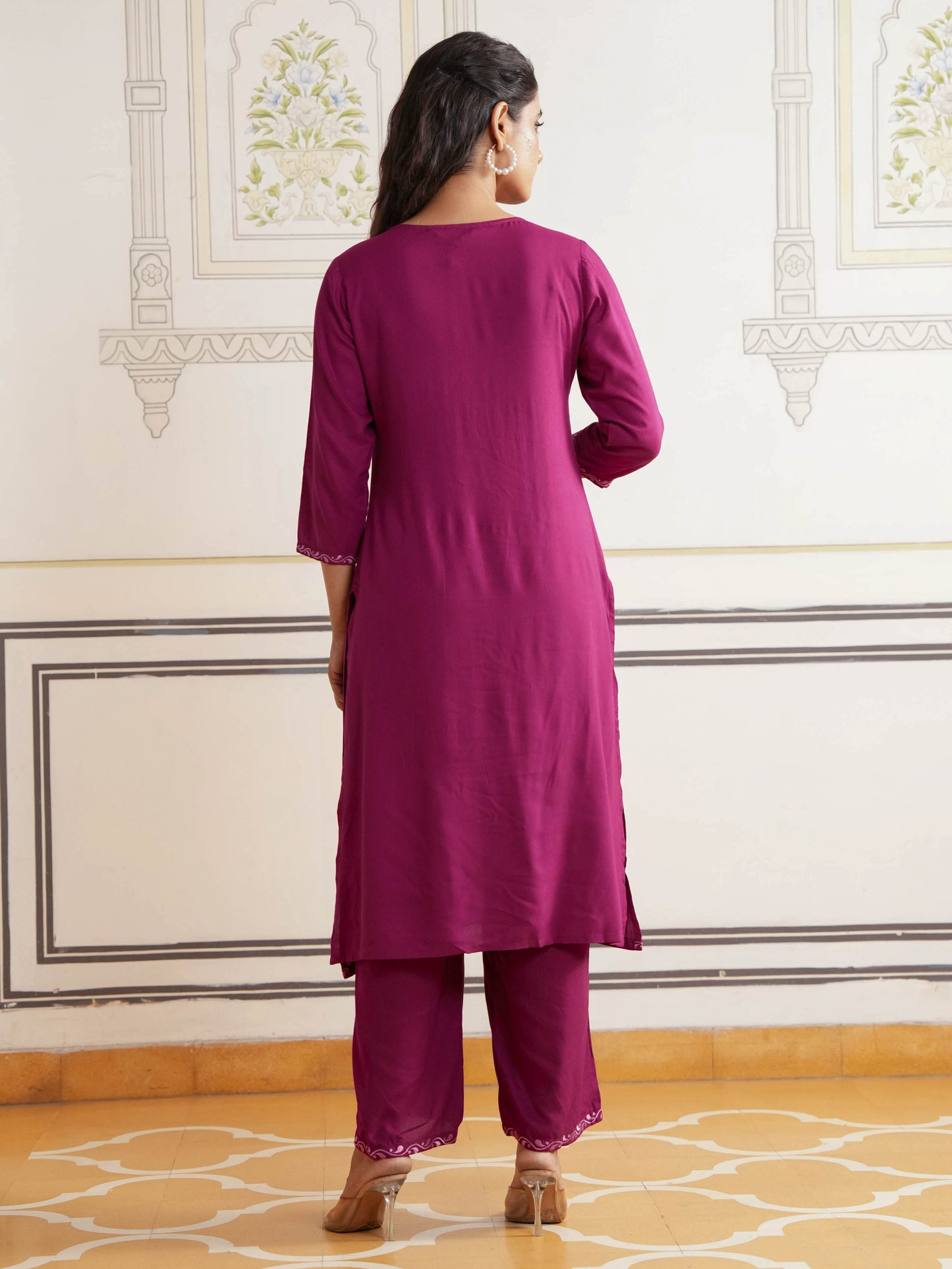 Embroidered Viscose Solid Flared Maroon Kurta