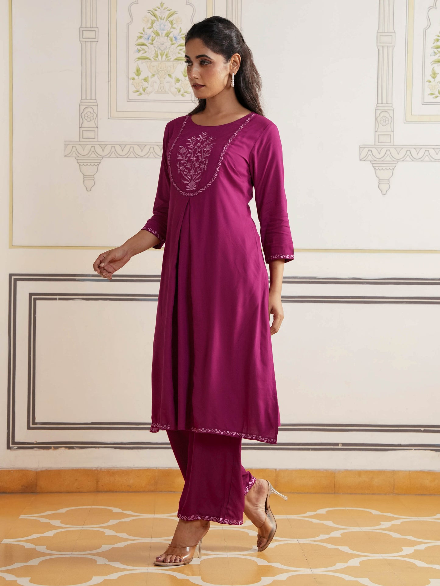 Embroidered Viscose Solid Flared Maroon Kurta