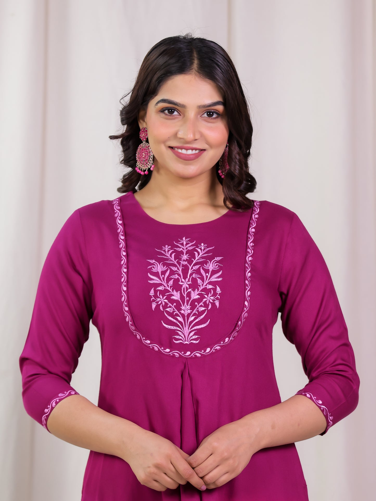 Embroidered Viscose Solid A-line Maroon Kurta