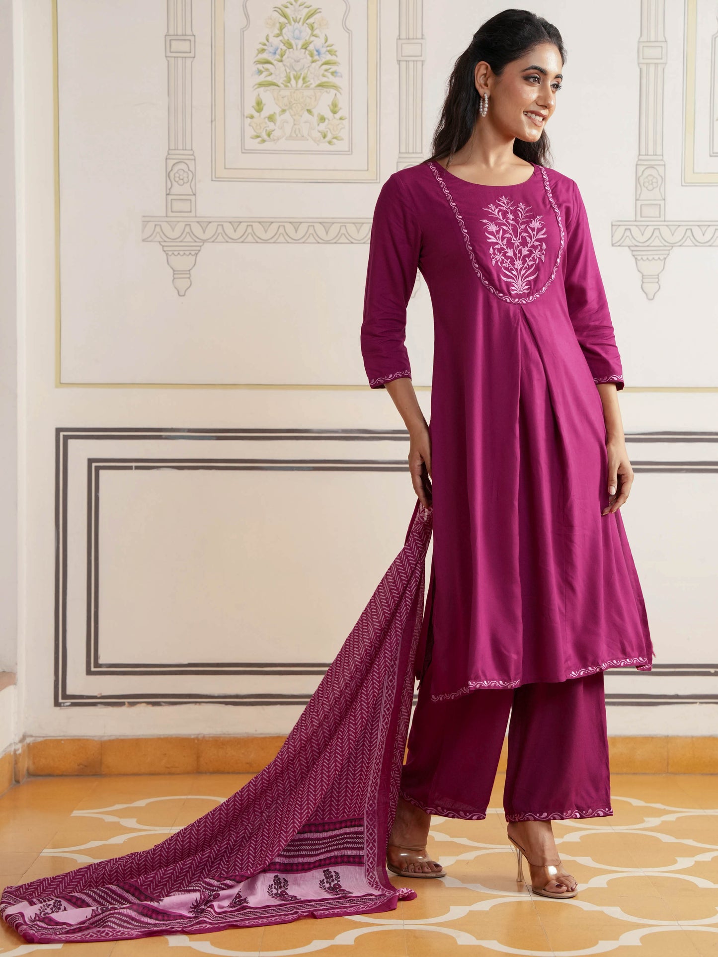 Embroidered Viscose Solid Flared Maroon Kurta