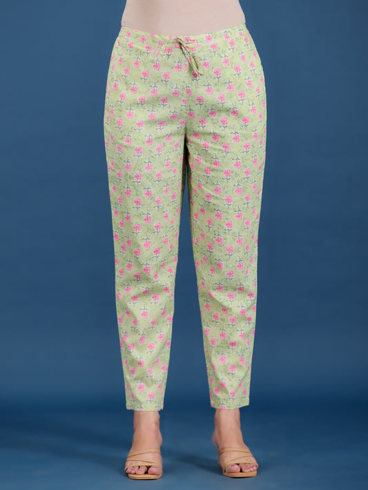 Soft Cotton Floral Green Straight Tapered Trousers