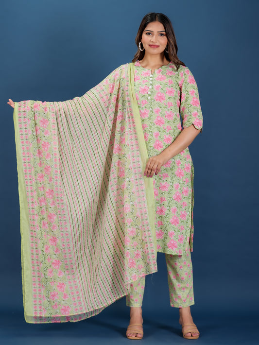 Soft Cotton Floral Straight Green Kurta