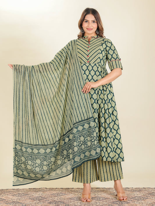 Soft Cotton Floral Panelled Green Kurta