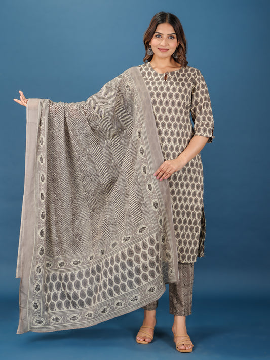 Soft Cotton Paisley Straight Grey Kurta