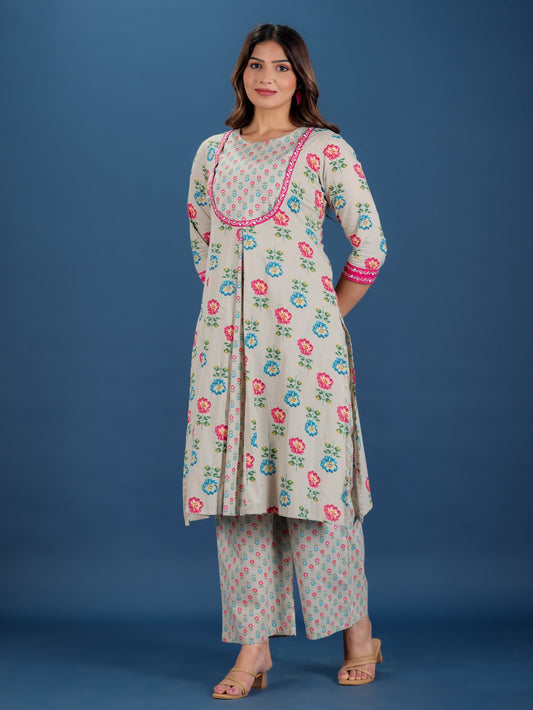 Soft Cotton Floral A-line Beige Kurta
