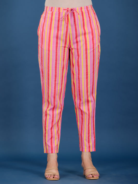Soft Cotton Striped Pink Tapered Trousers