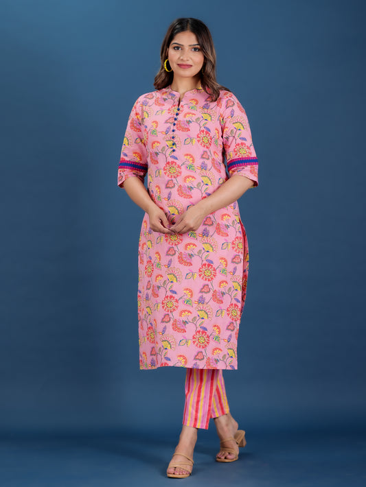 Soft Cotton Floral Straight Pink Kurta