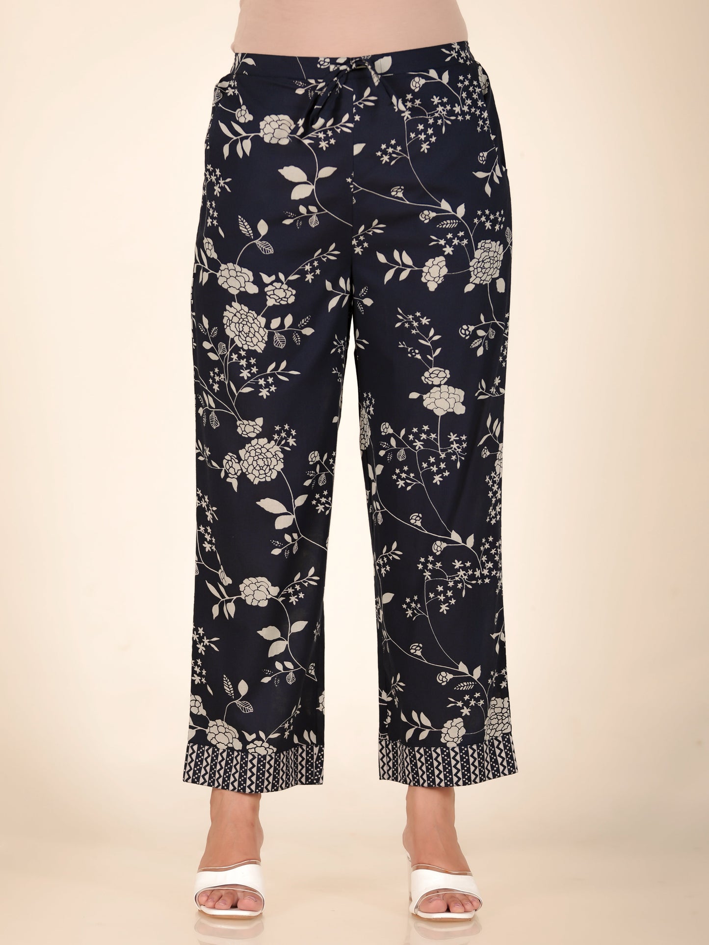 Soft Cotton Floral Blue Straight Trousers