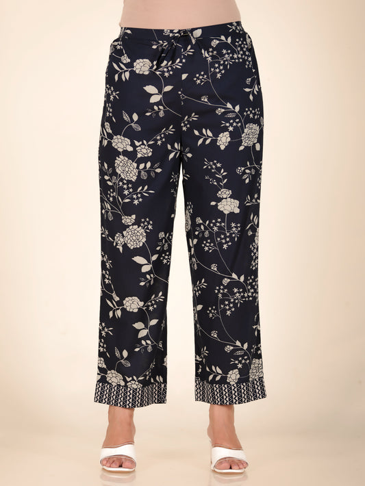 Soft Cotton Floral Blue Straight Trousers