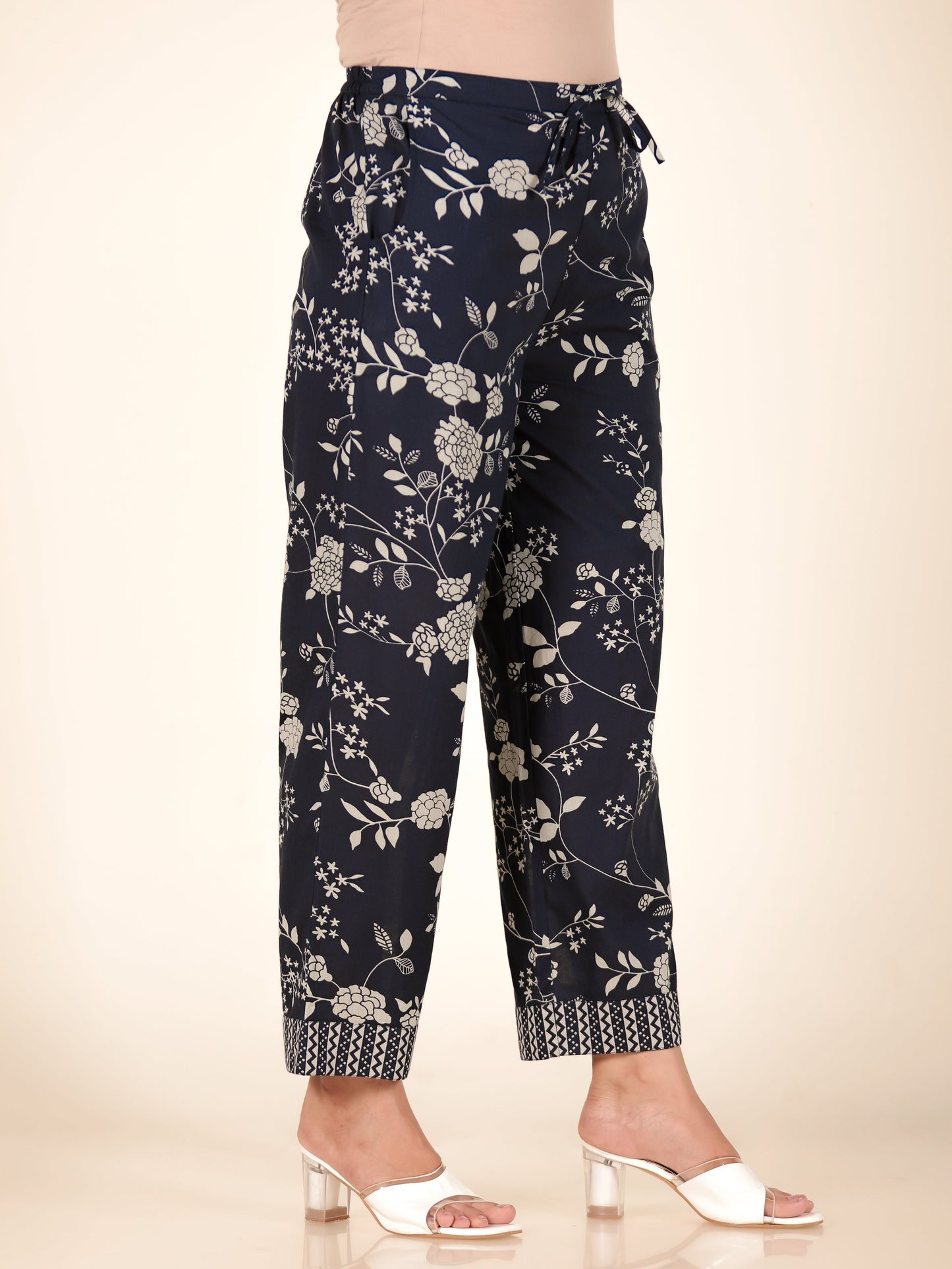 Soft Cotton Floral Blue Straight Trousers