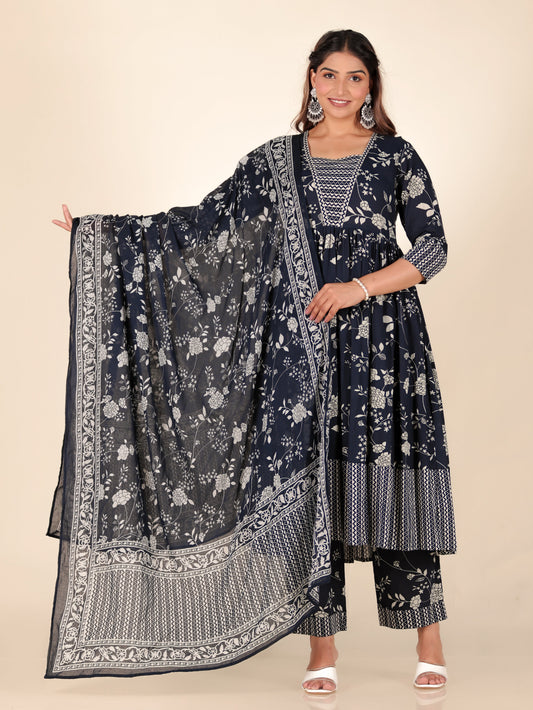 Voile Cotton Floral Blue Dupatta